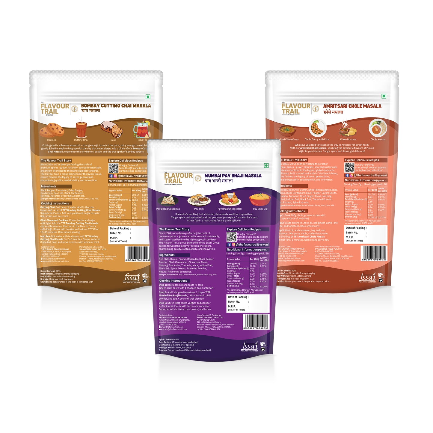 The Flavour Trail Indian Food Spice Combo - Pure & Natural Bombay Cutting Chai Masala, Mumbai Pav Bhaji Masala, Made with Organic Ingredients Udupi Sambar Masala, 100gms Each| Organically Farmed