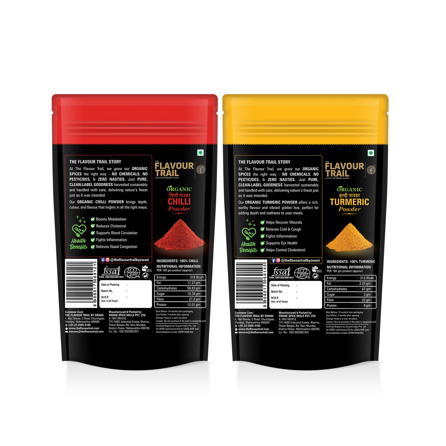The Flavour Trail - Sustainably farmed Red Chilli Powder (Lal Mirch) + Organic Turmeric Powder ( Haldi), 200 GMS Each |Organically Farmed | Hygienically Processed | Pesticide-Free