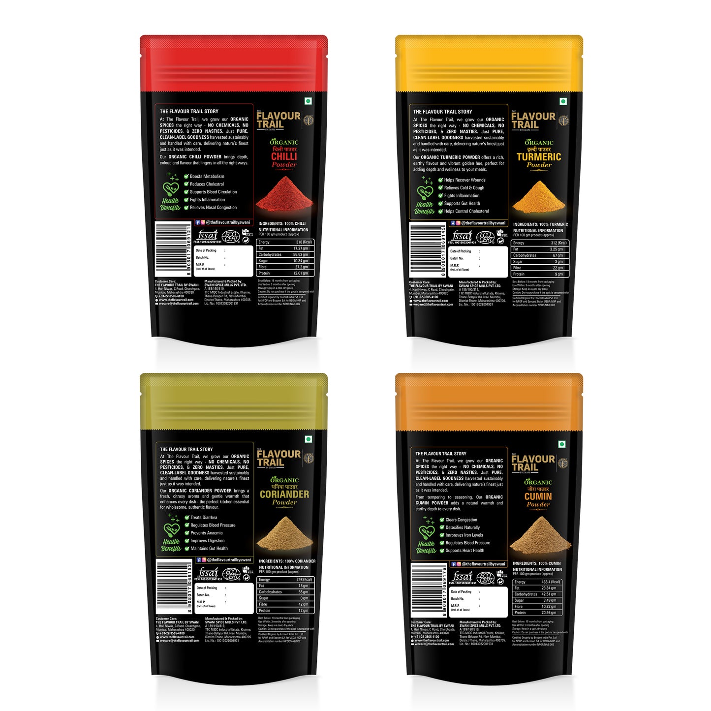 The Flavour Trail - Everyday Essential Supersaver Spice Combos - Sustainably farmed Red Chilli Powder + Organic - Turmeric Powder - 200 gms each , Coriander Powder, Cumin Powder - 100gms each | Organically Farmed | Pesticide-Free