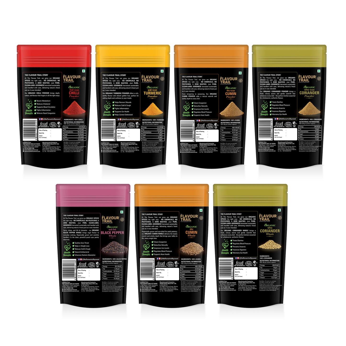 The Flavour Trail - Supersaver Combo Spices - Sustainably grown Red Chilli Powder + Organic - Turmeric Powder, Coriander Powder, Cumin Whole - 200 gms each Cumin Powder, Black Pepper Whole , Coriander Whole - 100 gms each