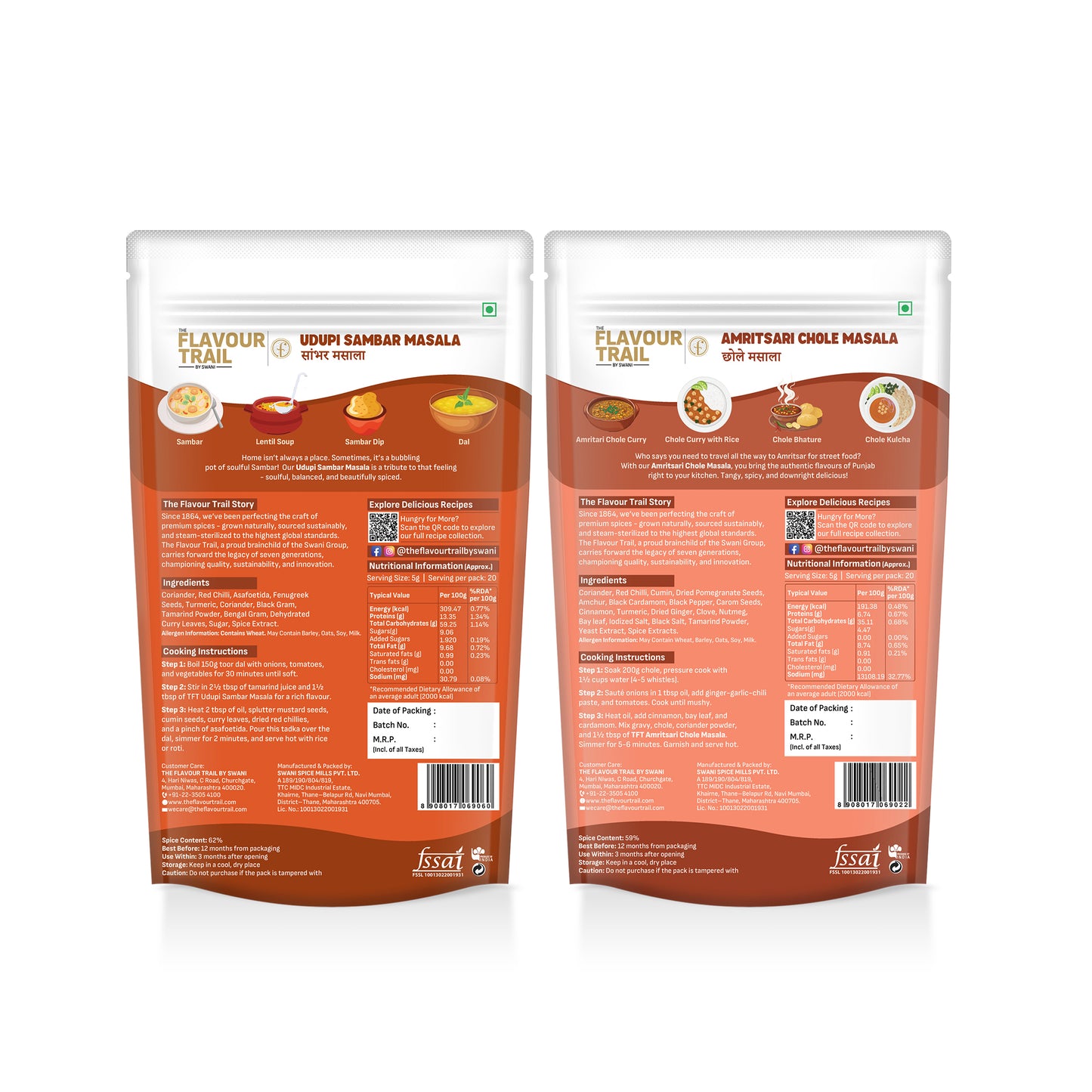 The Flavour Trail - Pure & Natural Udupi Sambar Masala +Pure & Natural Amritsari Chole Masala, 100gms each | Organically Farmed | Hygienically Processed | Pesticide-Free