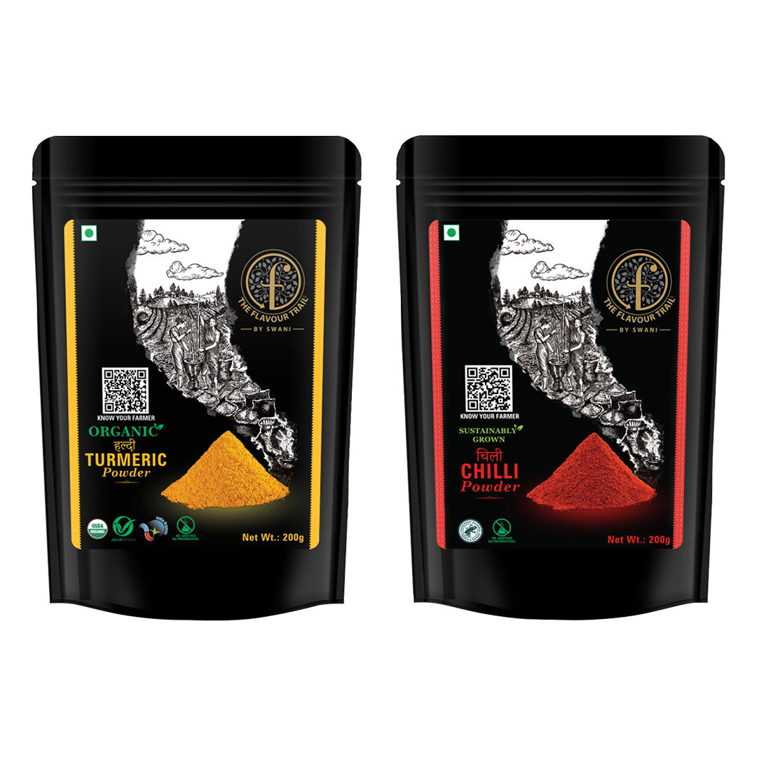 The Flavour Trail - Sustainably farmed Red Chilli Powder (Lal Mirch) + Organic Turmeric Powder ( Haldi), 200 GMS Each |Organically Farmed | Hygienically Processed | Pesticide-Free