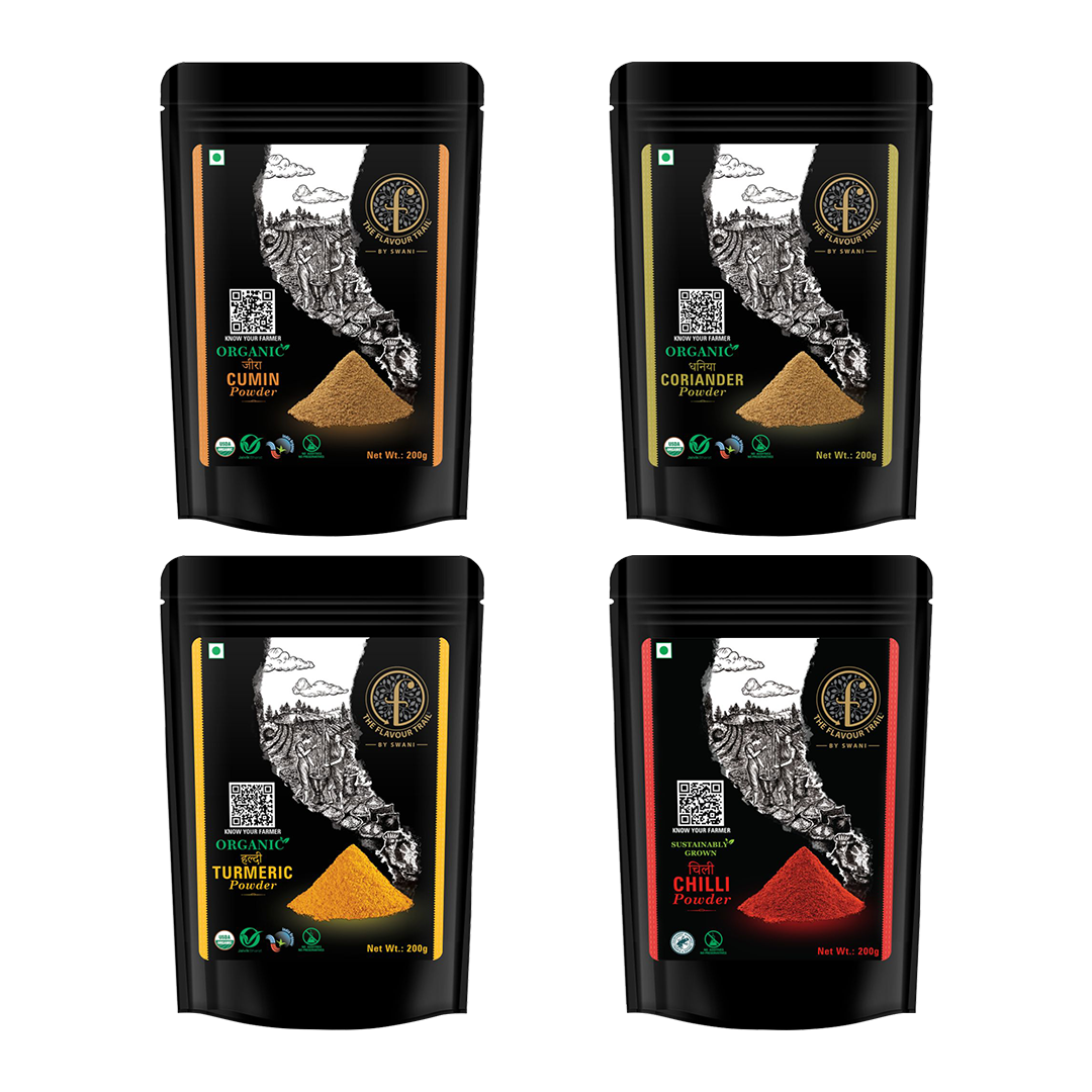 The Flavour Trail - Everyday Essential Supersaver Spice Combos - Sustainably farmed Red Chilli Powder + Organic - Turmeric Powder, Coriander Powder, Cumin Powder, 200gms each | Organically Farmed | Pesticide-Free