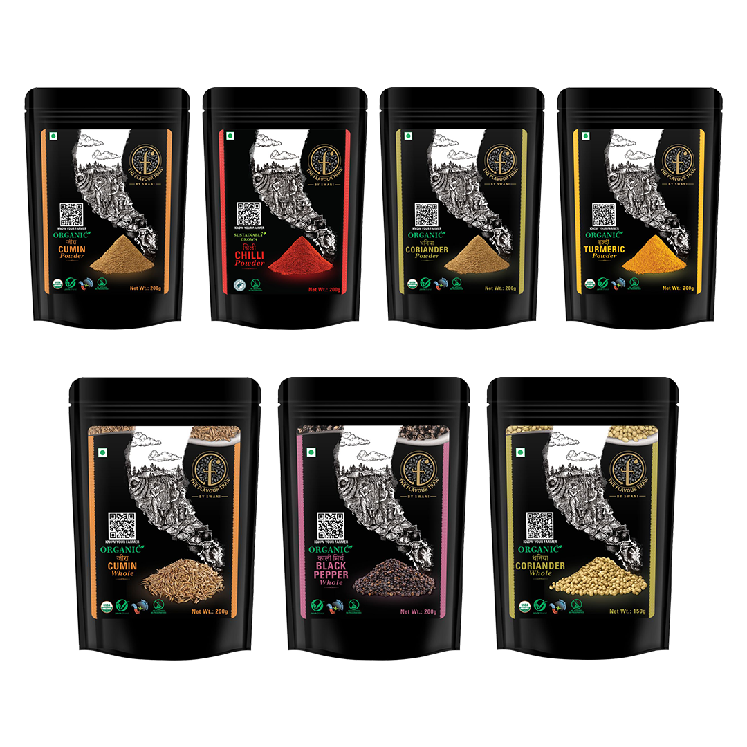 The Flavour Trail - Supersaver Combo Spices - Sustainably grown Red Chilli Powder + Organic - Turmeric Powder, Coriander Powder, Cumin Powder, Cumin Whole, Black Pepper Whole - 200 gms each, Coriander Whole - 150 gms.