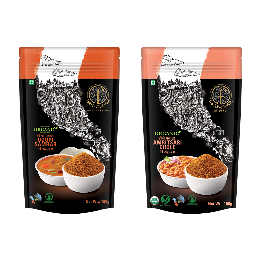 The Flavour Trail - Made with organic ingredients Udupi Sambar Masala + Organic Amritsari Chole Masala, 100gms each | Organically Farmed | Hygienically Processed | Pesticide-Free