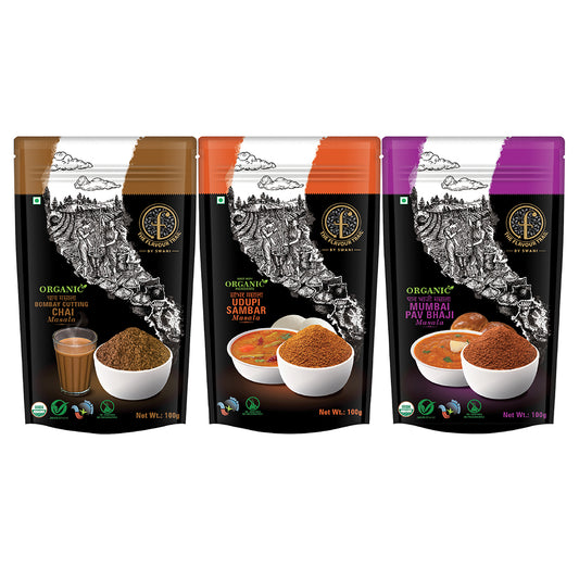 The Flavour Trail Indian Food Spice Combo - Organic - Bombay Cutting Chai Masala, Mumbai Pav Bhaji Masala, Made with Organic Ingredients Udupi Sambar Masala, 100gms Each| Organically Farmed