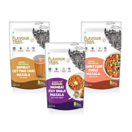The Flavour Trail Indian Food Spice Combo - Pure & Natural Bombay Cutting Chai Masala, Mumbai Pav Bhaji Masala, Made with Organic Ingredients Udupi Sambar Masala, 100gms Each| Organically Farmed