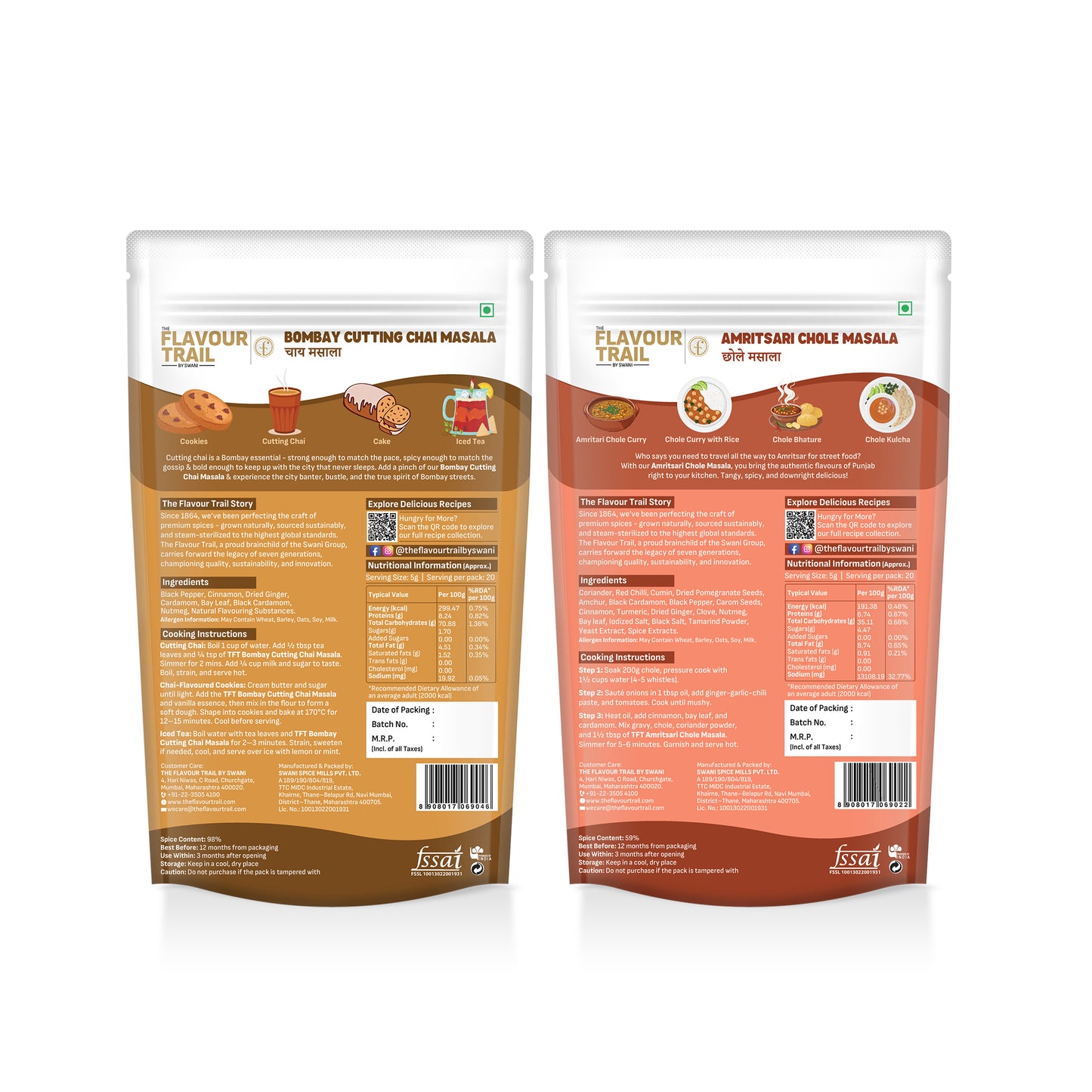 The Flavour Trail - Pure & Natural Bombay Cutting Chai Masala, Amritsari Chole Masala, 100gms Each | Organically Farmed & Pesticide-Free