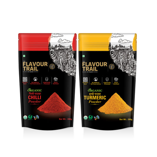 The Flavour Trail - Sustainably farmed Red Chilli Powder (Lal Mirch) + Organic Turmeric Powder ( Haldi), 200 GMS Each |Organically Farmed | Hygienically Processed | Pesticide-Free