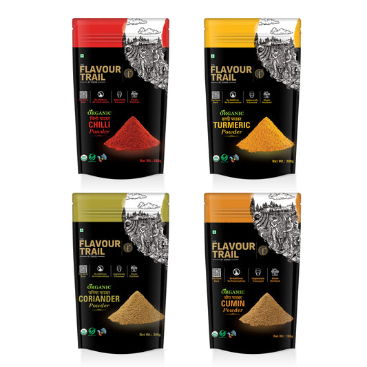 The Flavour Trail - Everyday Essential Supersaver Spice Combos - Sustainably farmed Red Chilli Powder + Organic - Turmeric Powder - 200 gms each , Coriander Powder, Cumin Powder - 100gms each | Organically Farmed | Pesticide-Free