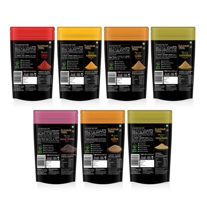 The Flavour Trail - Supersaver Combo Spices - Sustainably grown Red Chilli Powder + Organic - Turmeric Powder, Coriander Powder, Cumin Whole - 200 gms each Cumin Powder, Black Pepper Whole , Coriander Whole - 100 gms each