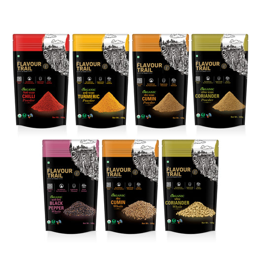 The Flavour Trail - Supersaver Combo Spices - Sustainably grown Red Chilli Powder + Organic - Turmeric Powder, Coriander Powder, Cumin Whole - 200 gms each Cumin Powder, Black Pepper Whole , Coriander Whole - 100 gms each