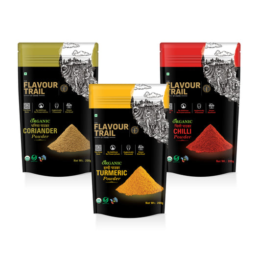 The Flavour Trail CTC Spice Combo - Sustainably farmed Red Chilli Powder + Organic - Turmeric Powder, Coriander Powder, 200 GMS Each | Organically Farmed | Pesticide-Free "
