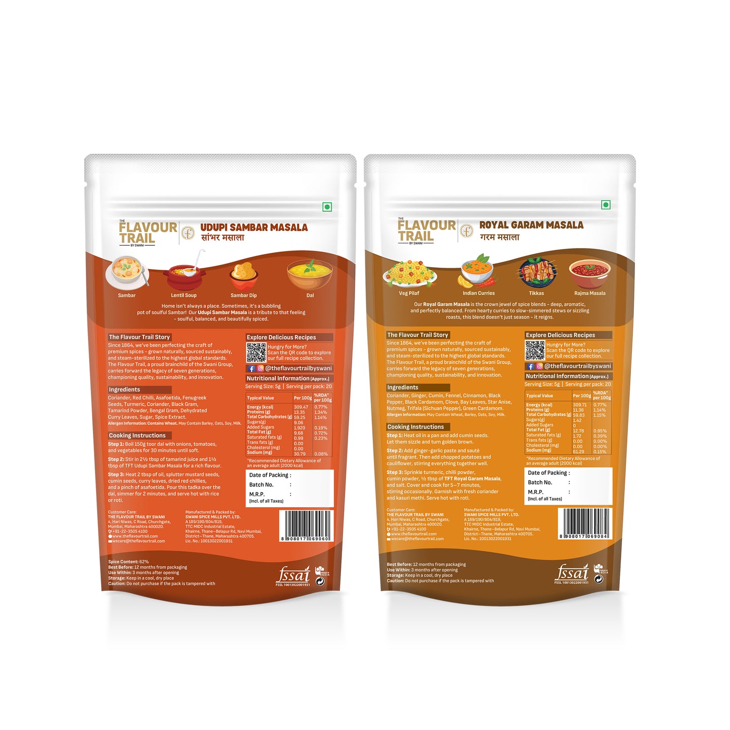 The Flavour Trail - Pure & Natural Udupi Sambar Masala + Pure & Natural Royal Garam Masala, 100 gms each (Pack of 2) | Organically Grown | Sustainably Farmed | Hygienically Processed | Pesticide-Free | Steam Sterilized