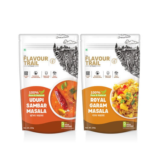 The Flavour Trail - Pure & Natural Udupi Sambar Masala + Pure & Natural Royal Garam Masala, 100 gms each (Pack of 2) | Organically Grown | Sustainably Farmed | Hygienically Processed | Pesticide-Free | Steam Sterilized